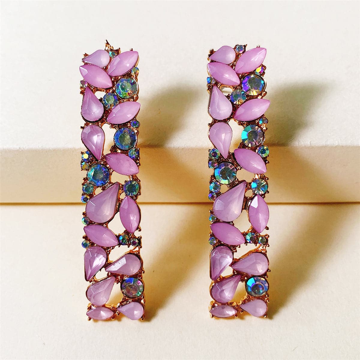 Pink Cubic Zirconia and 18K Gold-Plated Drop Earrings, gold drop earrings for women, everyday style, front view