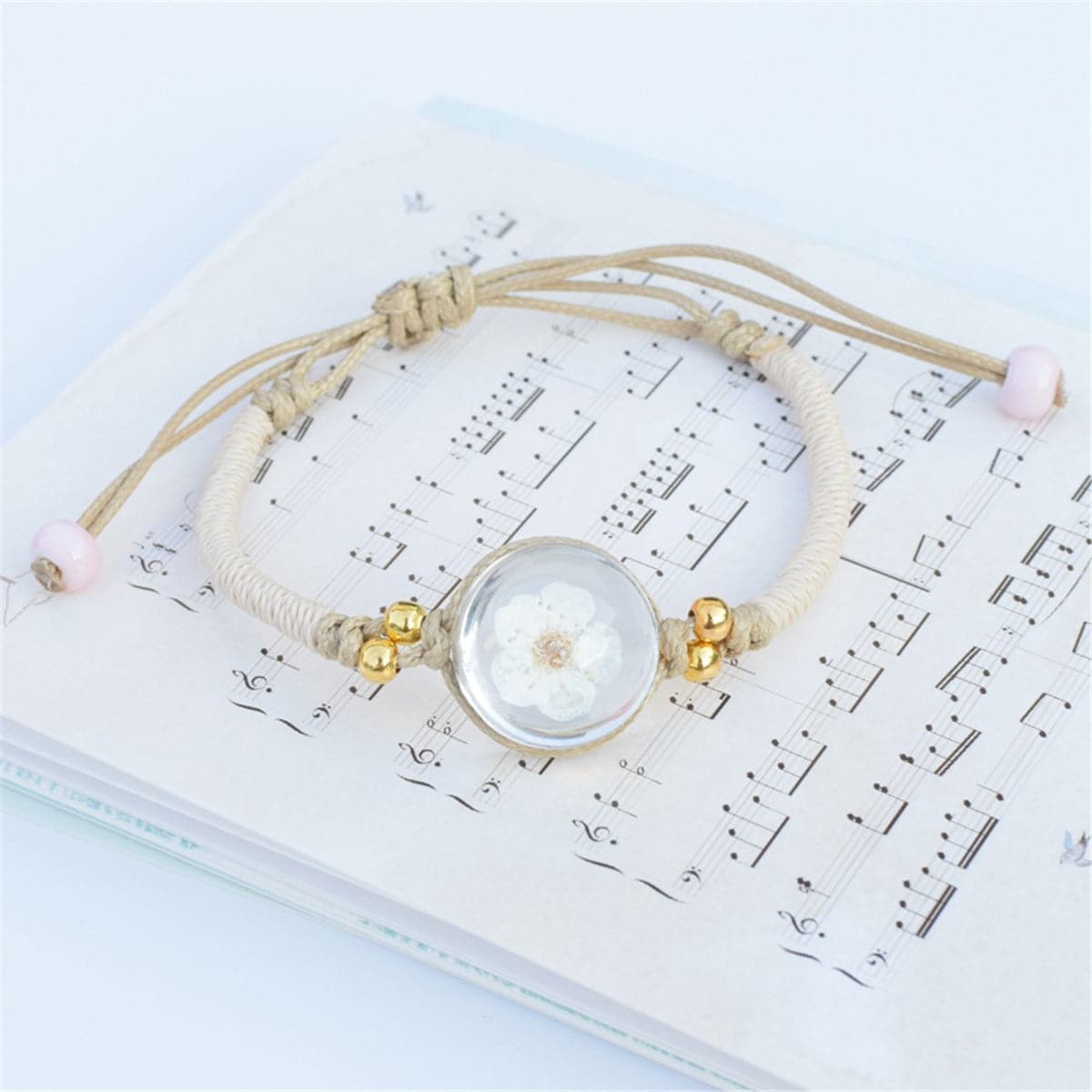 White Peach Blossom & Gold-Plated Bead Adjustable Bracelet