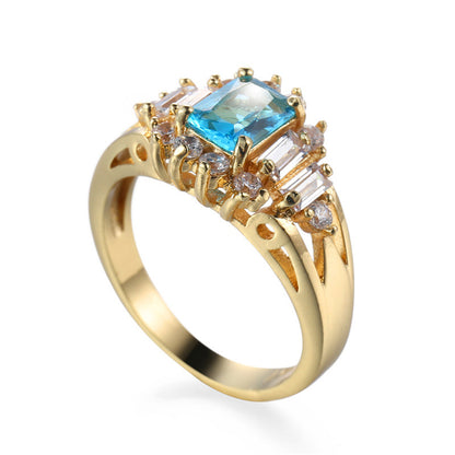 Blue Crystal and Cubic Zirconia Baguette-Cut Ring, statement rings for women, botanical inspired, detail close-up