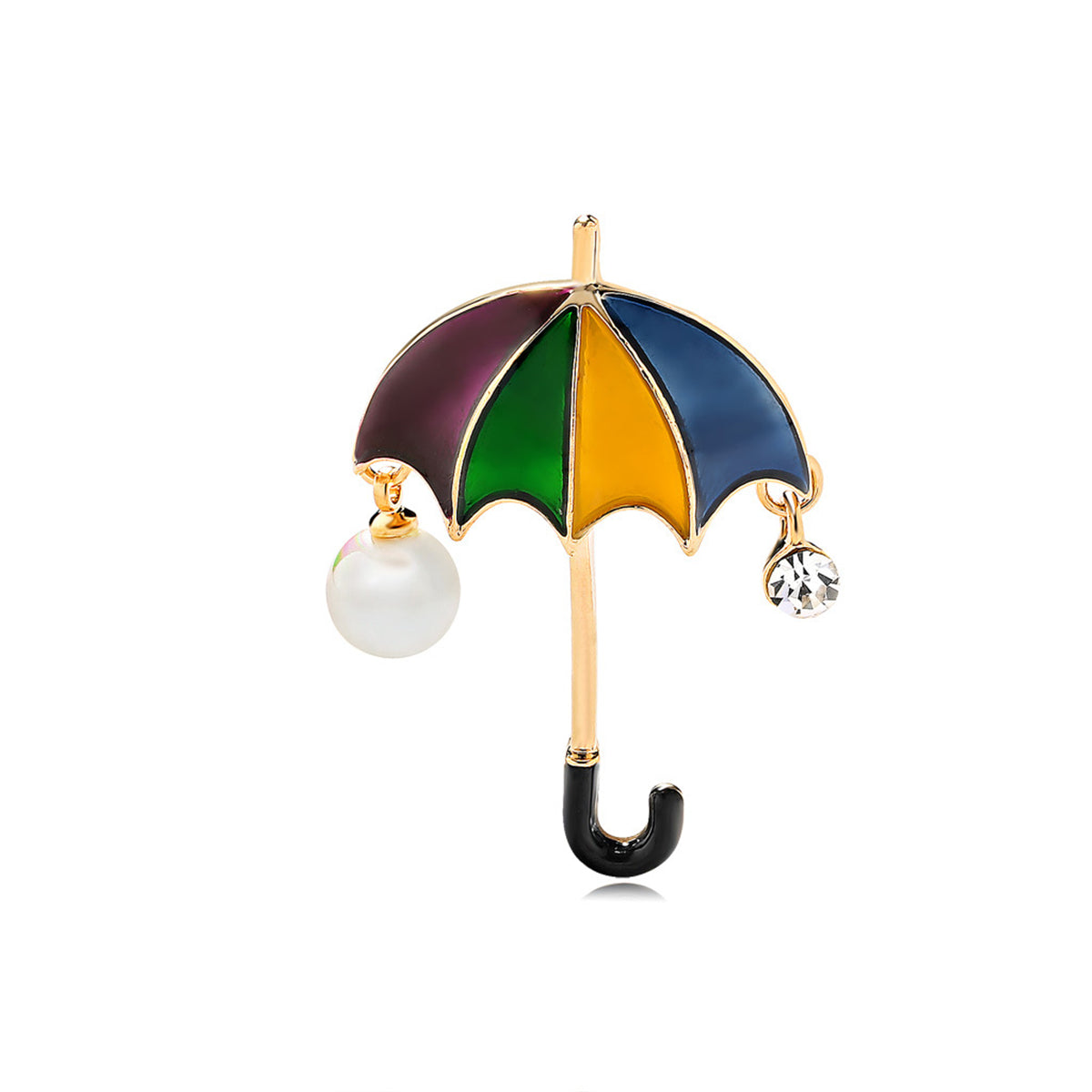 Colored Enamel and Cubic Zirconia Pearl 18K Gold-Plated Umbrella Brooch, gold brooch pin, front view