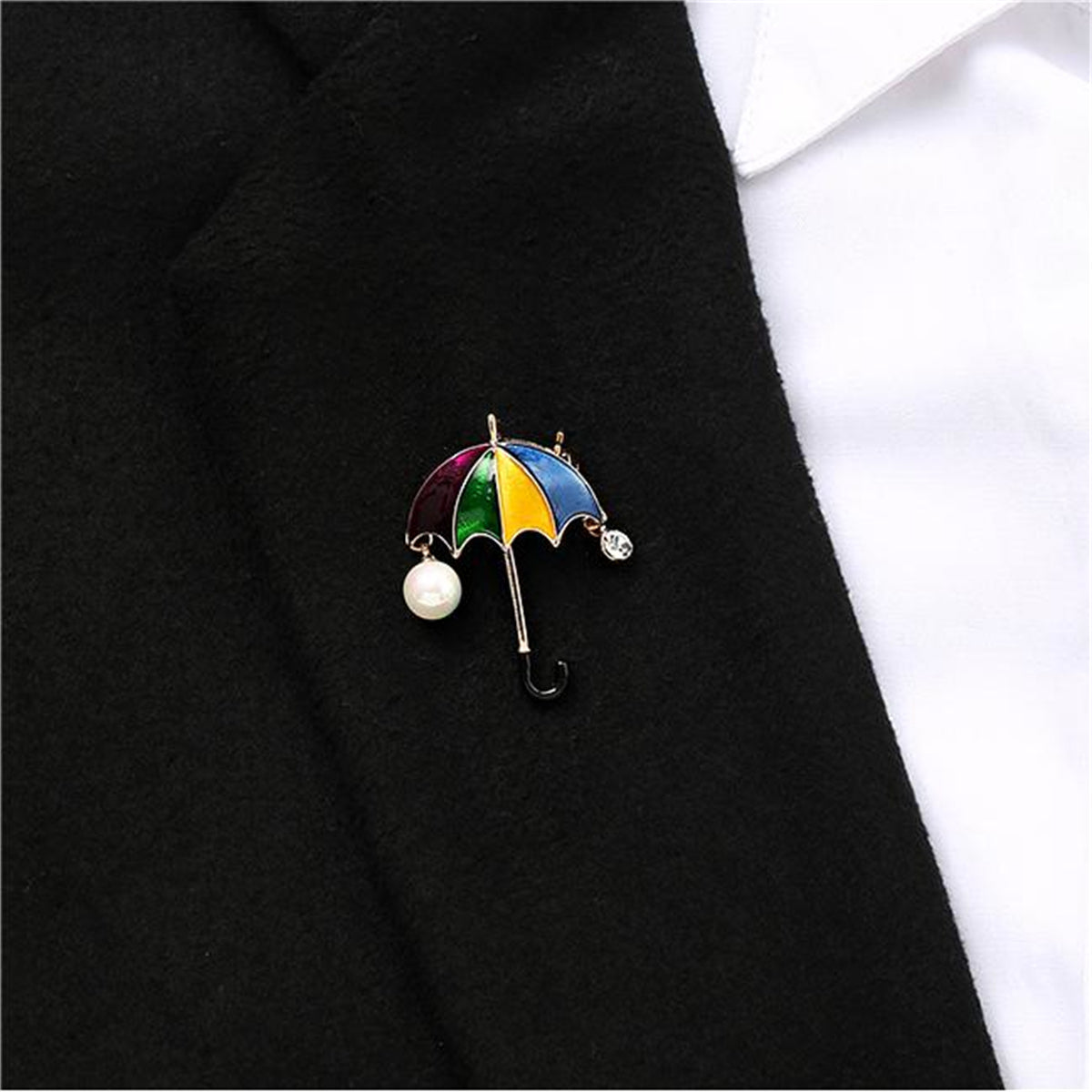 Colored Enamel and Cubic Zirconia Pearl 18K Gold-Plated Umbrella Brooch, gold brooch pin, lifestyle look