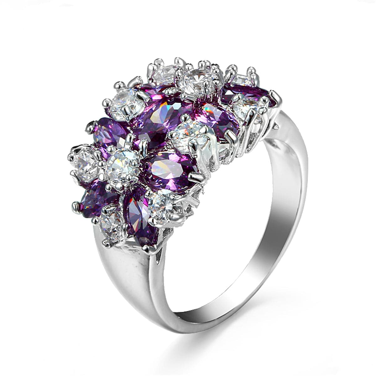 Purple Crystal and Silver-Plated Floral Band Ring, silver statement rings for women, elegant gift for her, side view