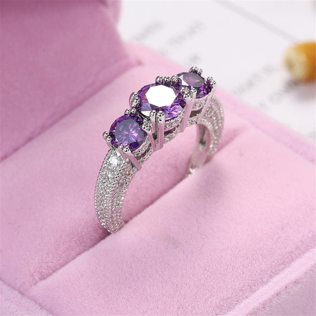 Purple Crystal and Silver-Plated Three-Stone Ring, silver statement rings for women, everyday style, front view