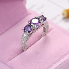 Purple Crystal & Silver-Plated Three-Stone Ring
