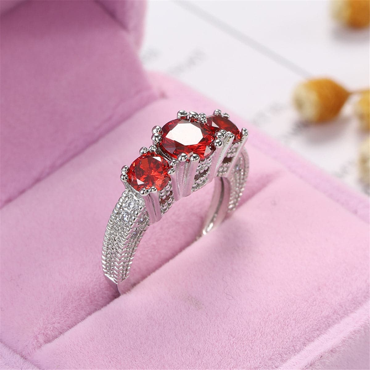 Red Crystal and Silver-Plated Three-Stone Ring, silver statement rings for women, everyday style, front view