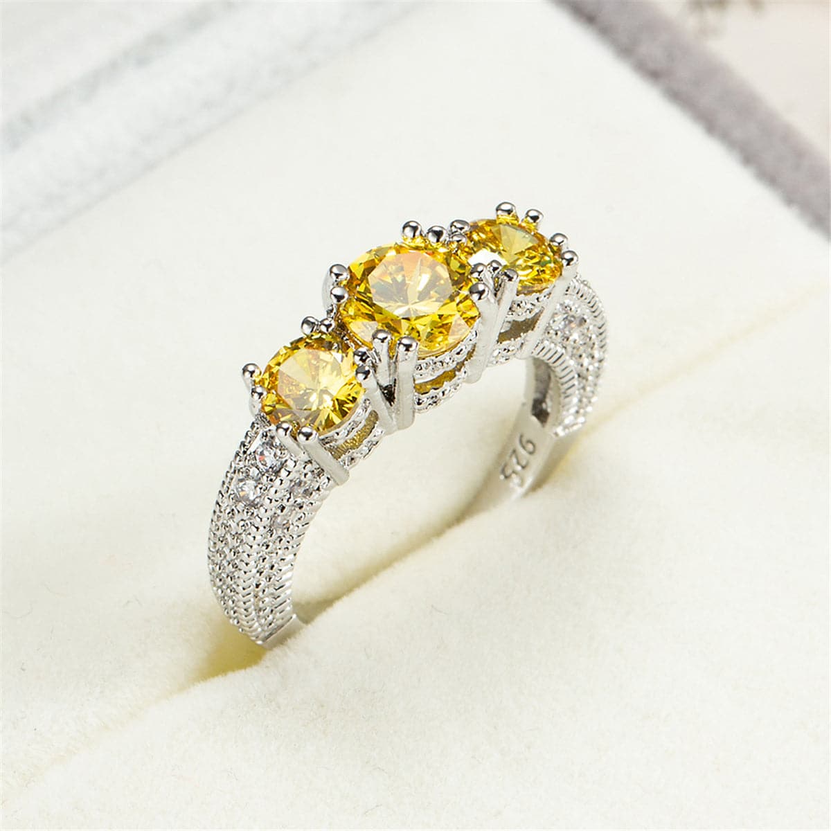 Yellow Crystal & Silver-Plated Three-Stone Ring