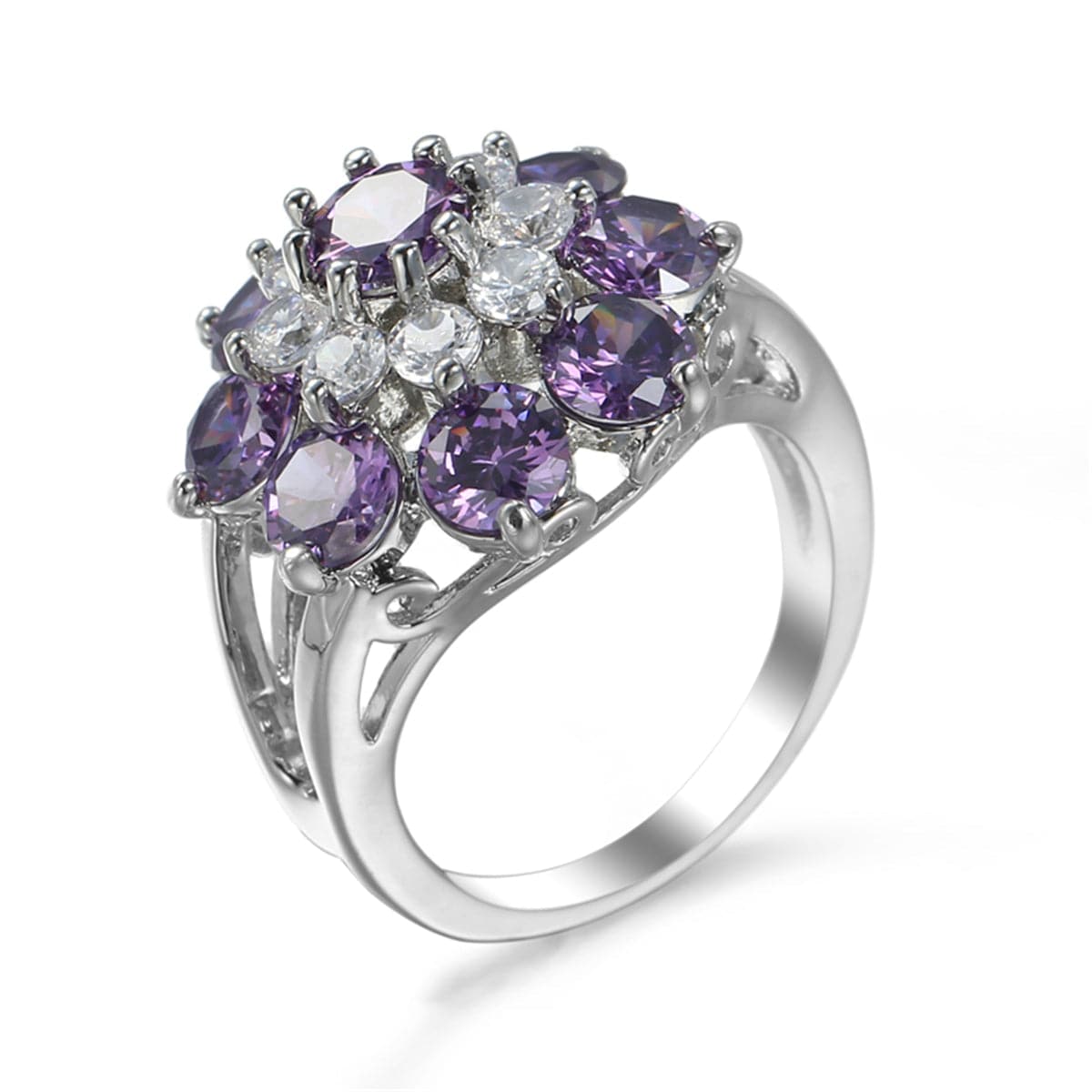Purple Crystal & Silver-Plated Floral Ring
