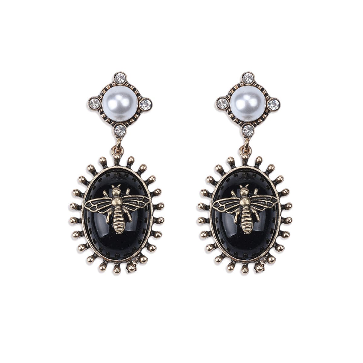 Black Crystal & Pearl 18K Gold-Plated Bee Drop Earrings