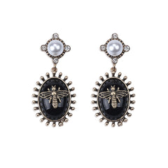 Black Crystal & Pearl 18K Gold-Plated Bee Drop Earrings