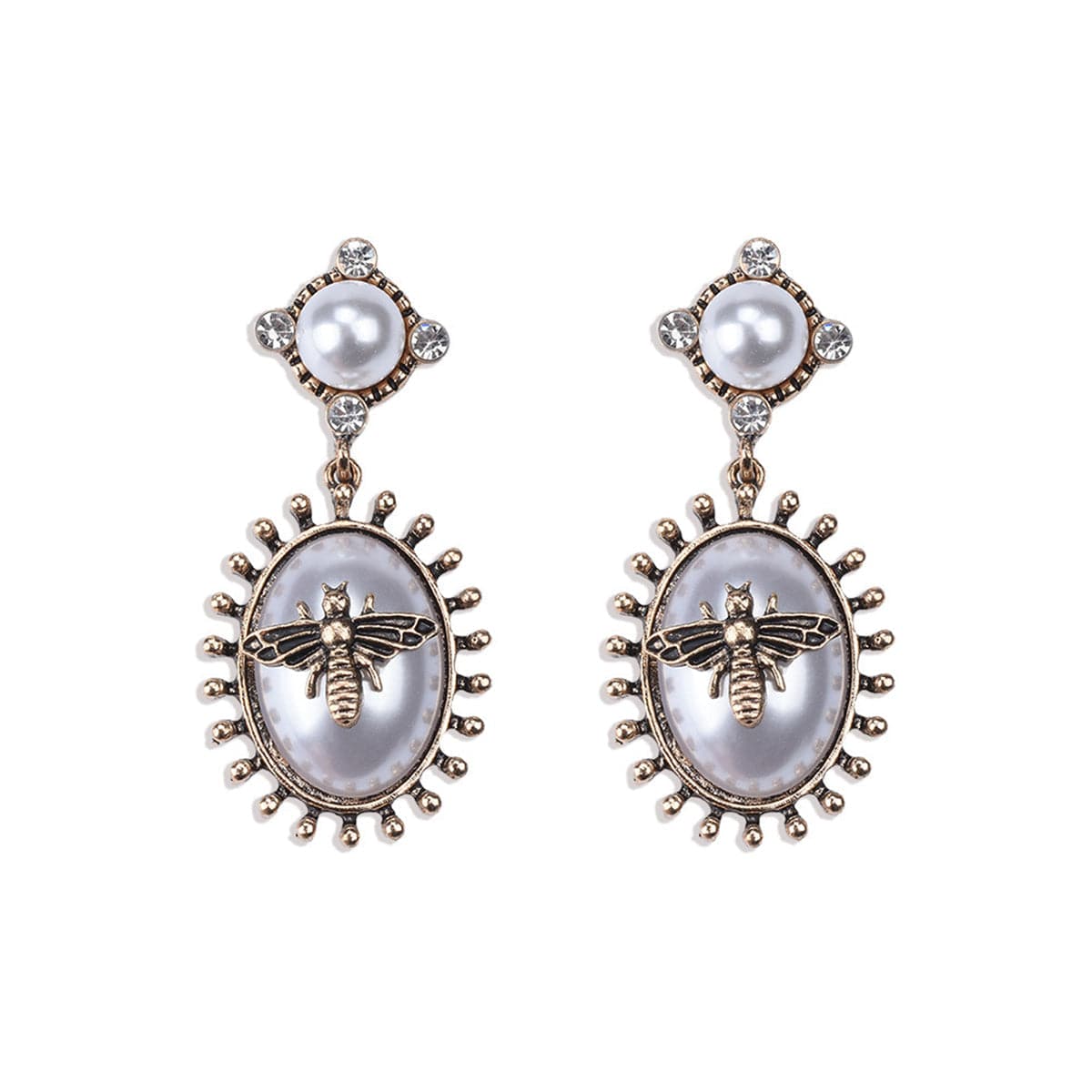 Pearl & Cubic Zirconia Bee Oval Drop Earrings