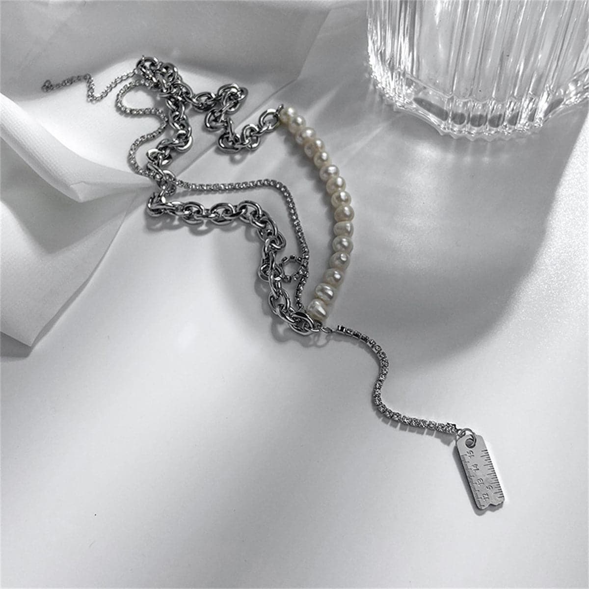 Pearl and Cubic Zirconia Ruler Drop Necklace, pendant necklace for women, everyday style, styled look