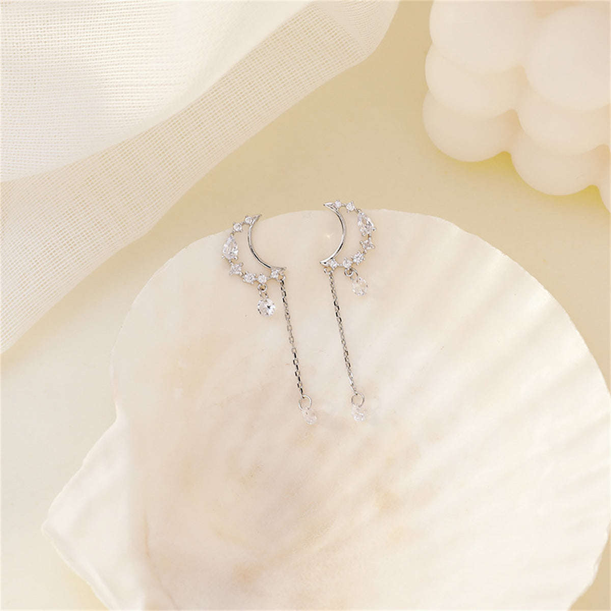 Cubic Zirconia & Silver-Plated Moon Drop Earrings