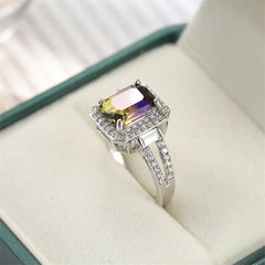 Yellow & Purple Crystal Cubic Zirconia Silver-Plated Princess-Cut Halo Ring