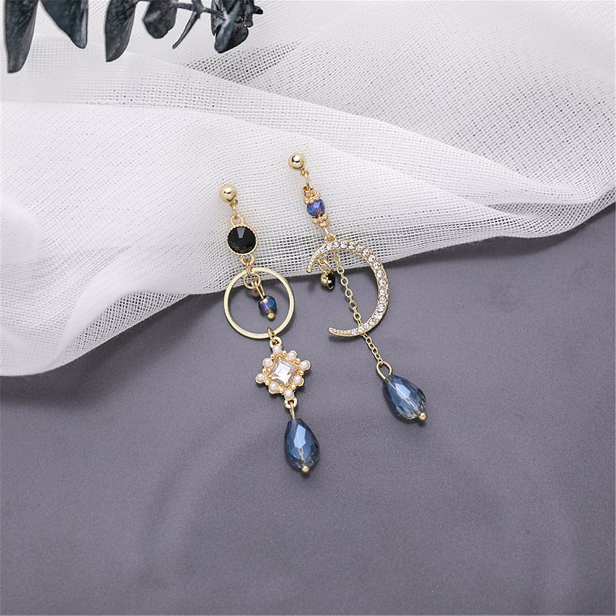 Cubic Zirconia and Crystal Pearl Moon Asymmetrical Drop Earrings, drop earrings for women, detail close-up