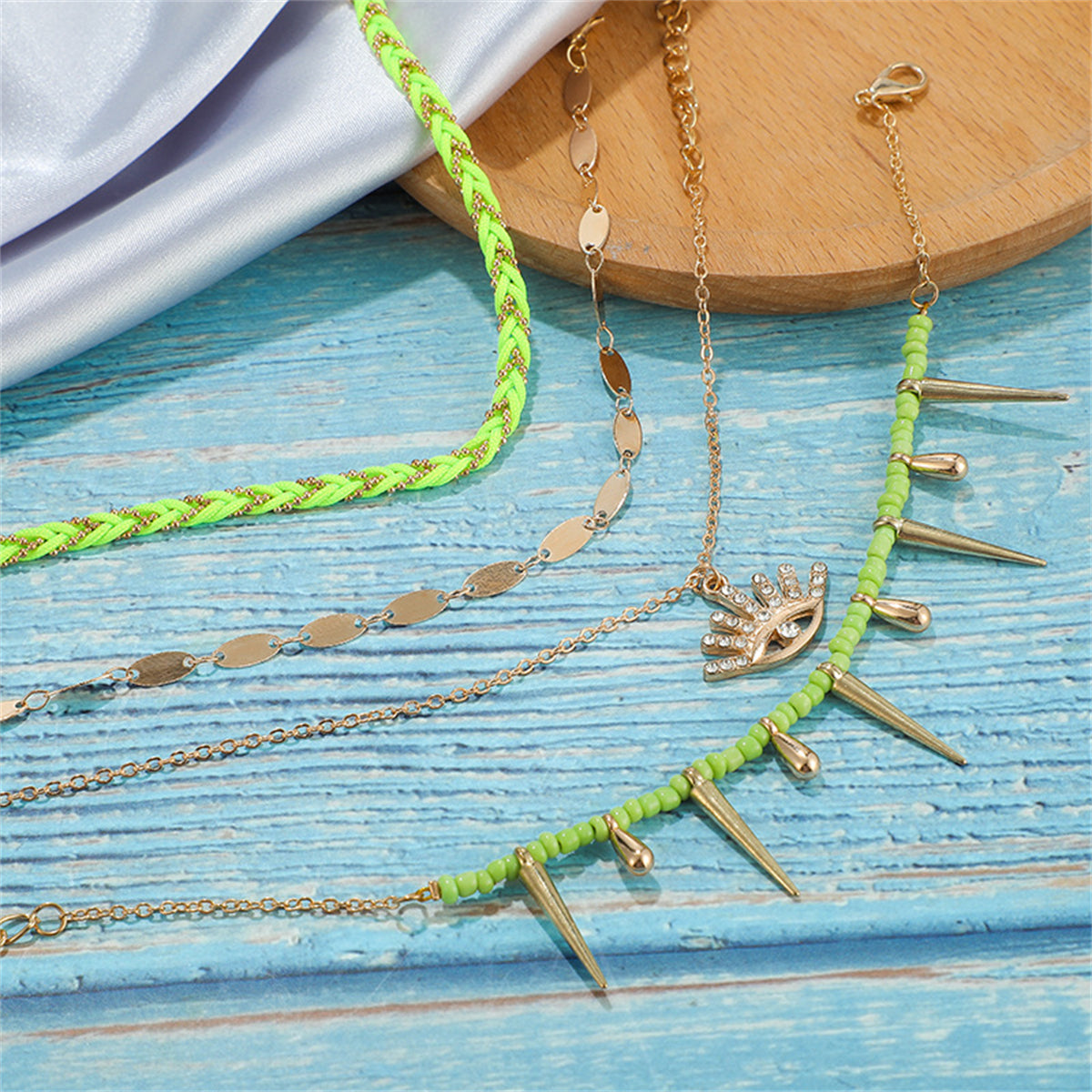 Green & Cubic Zirconia Evil Eye Charm Anklet Set