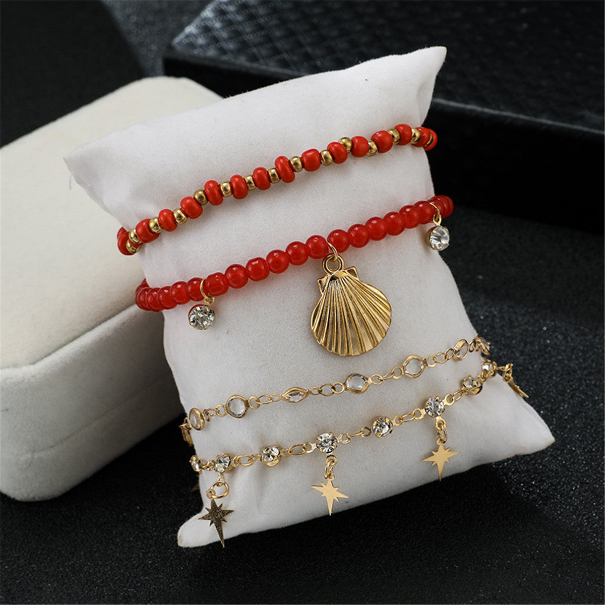 Red & Cubic Zirconia Beaded Seashell Charm Anklet Set