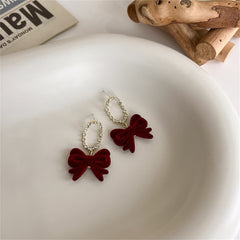 Cubic Zirconia & Wine Red Velvet 18K Gold-Plated Bow Drop Earrings