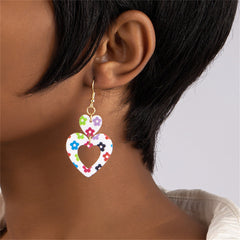 Vibrant Acrylic & 18K Gold-Plated Floral Double Open Heart Drop Earrings