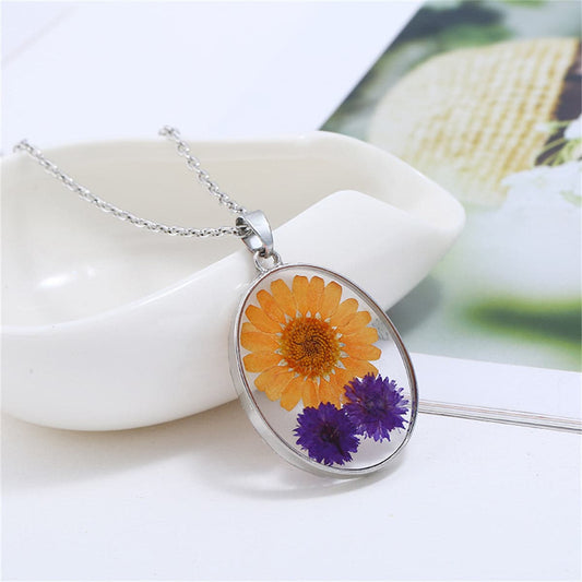 Yellow and Purple Pressed Mum Oval Pendant Necklace, pendant necklace for women, dainty minimalist design, front view