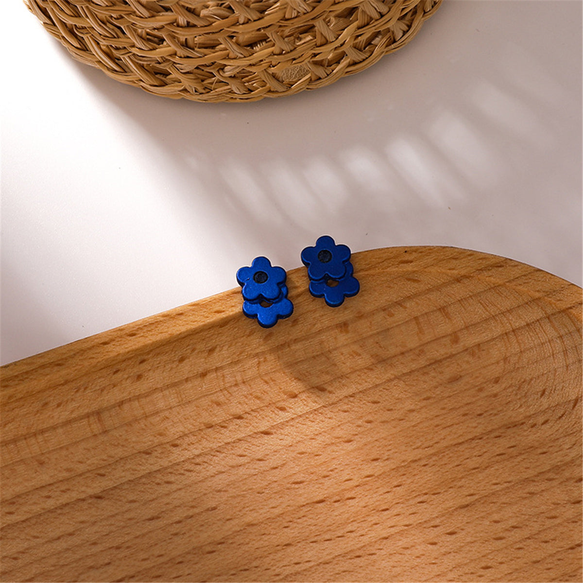 Blue Cubic Zirconia and Enamel Flower Stud Earrings, stud earrings for women, botanical inspired, side view