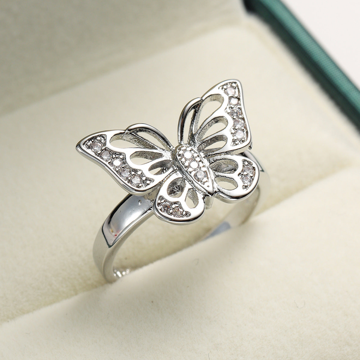 Cubic Zirconia and Silver-Plated Butterfly Ring, silver statement rings for women, elegant gift for her, front view