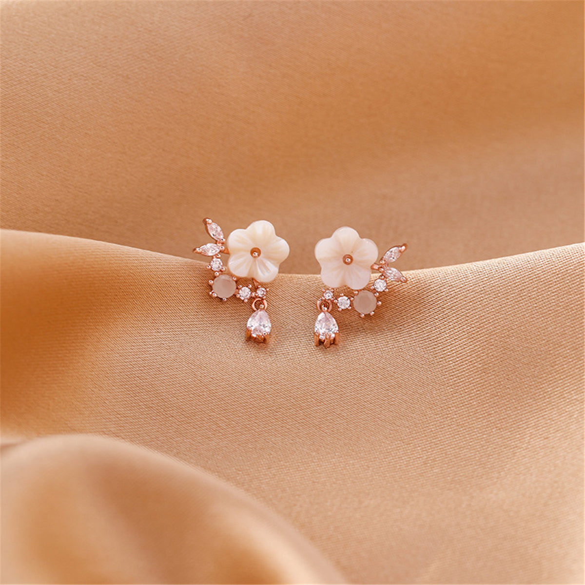 Cubic Zirconia & Pink Cat's Eye 18K Gold-Plated Flower Drop Earrings