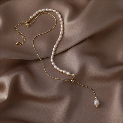 Pearl and 18K Gold-Plated Drop Necklace, gold pendant necklace for women, dainty minimalist design, styled look