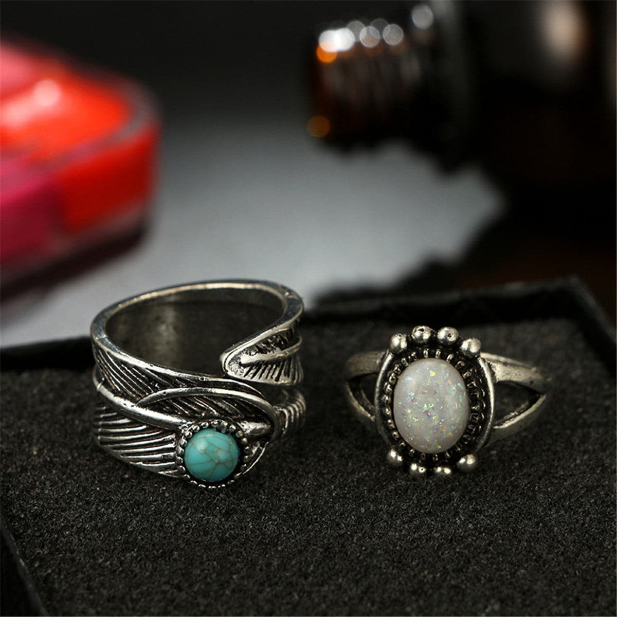 Turquoise & Silver-Plated Leaf Feather Ring Set