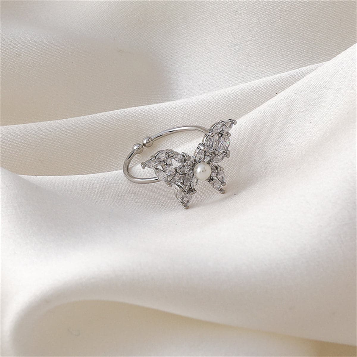 Pearl & Crystal Silver-Plated Butterfly Band Ring