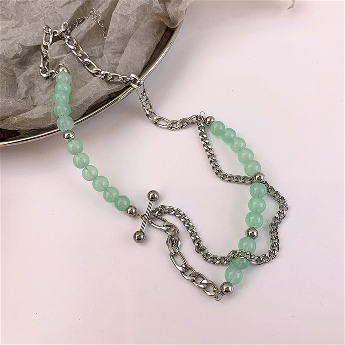 Jade & Silver-Plated Beaded Figaro Chain Layered Necklace