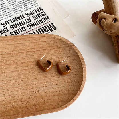 Coffee Enamel and Silver-Plated U-Shape Huggie Earrings, silver huggie earrings, elegant gift for her, side view