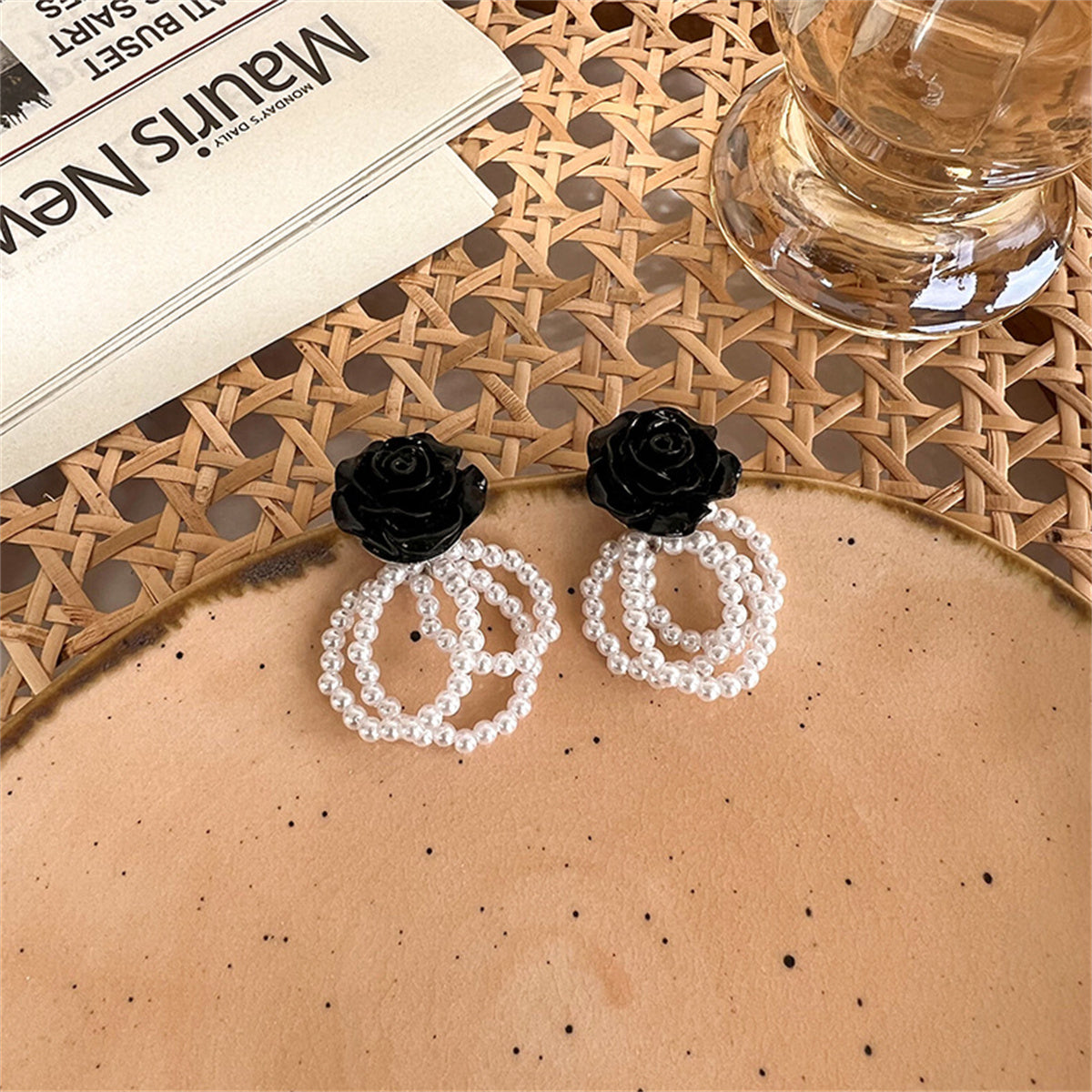 Black Resin & Pearl Silver-Plated Flower Bead Tassel Drop Earrings