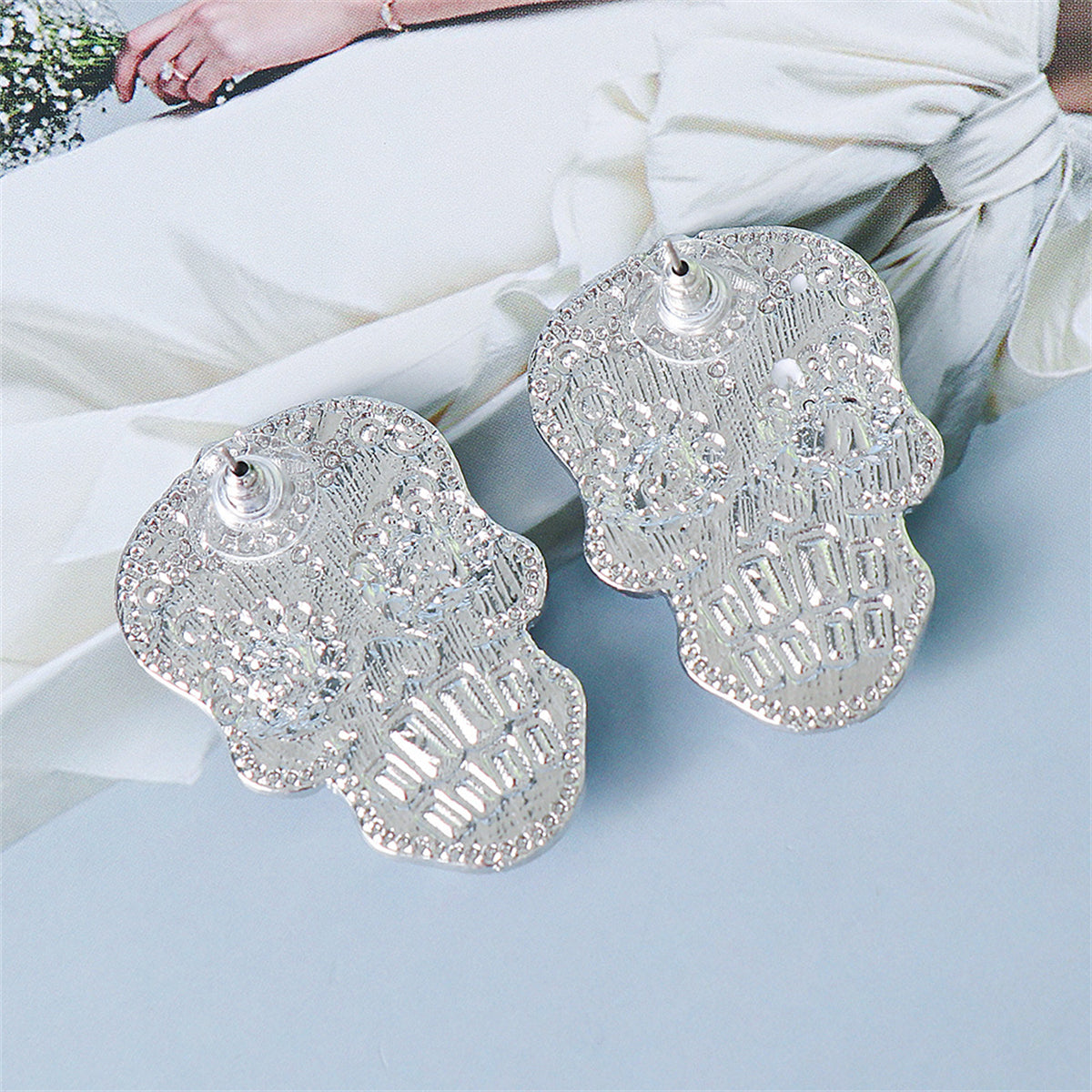 Blue Crystal & Pearl Silver-Plated Calavera Drop Earrings