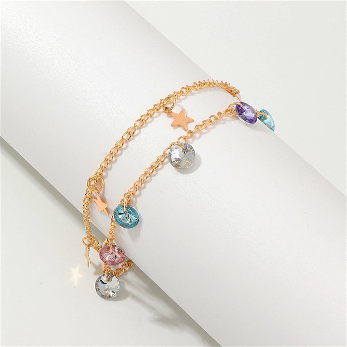 Colored Crystal & 18K Gold-Plated Star Layered Station Anklet