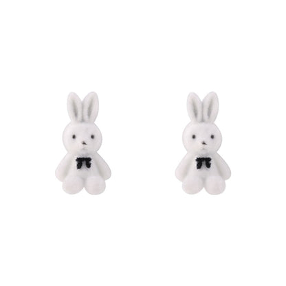 White Gabardine and Silver-Plated Rabbit Stud Earrings, silver stud earrings for women, everyday style, side view