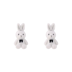White Gabardine & Silver-Plated Rabbit Stud Earrings