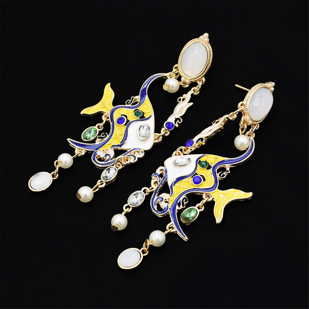 Yellow & Blue Enamel 18K Gold-Plated Fish Drop Earrings