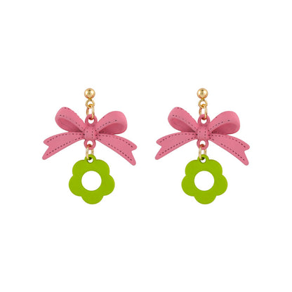 Green Enamel and 18K Gold-Plated Bow and Flower Drop Earrings, gold drop earrings for women, lifestyle look