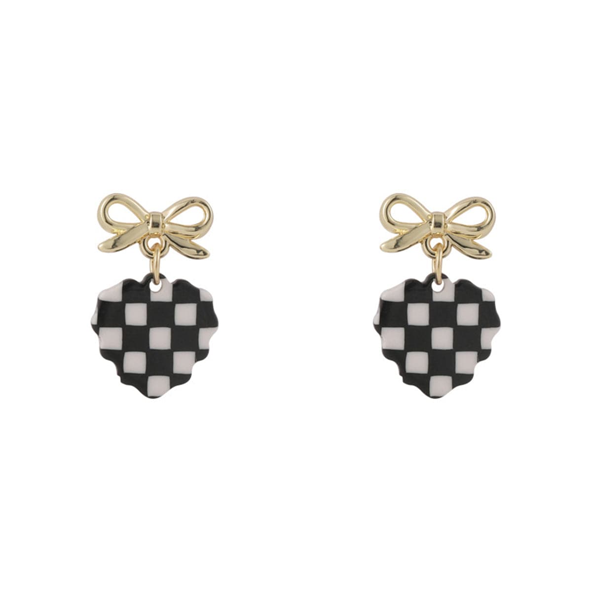 Black and White Acrylic Checkerboard Bow Heart Drop Earrings, drop earrings for women, elegant gift for her, front view