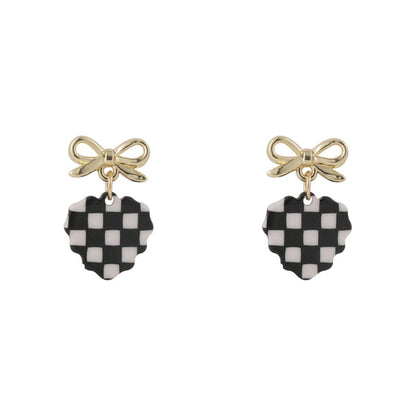 Black and White Acrylic Checkerboard Bow Heart Drop Earrings, drop earrings for women, elegant gift for her, front view