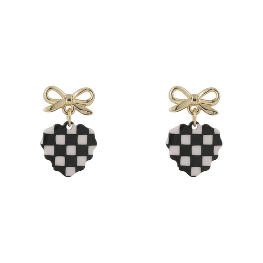 Black and White Acrylic Checkerboard Bow Heart Drop Earrings, drop earrings for women, elegant gift for her, front view