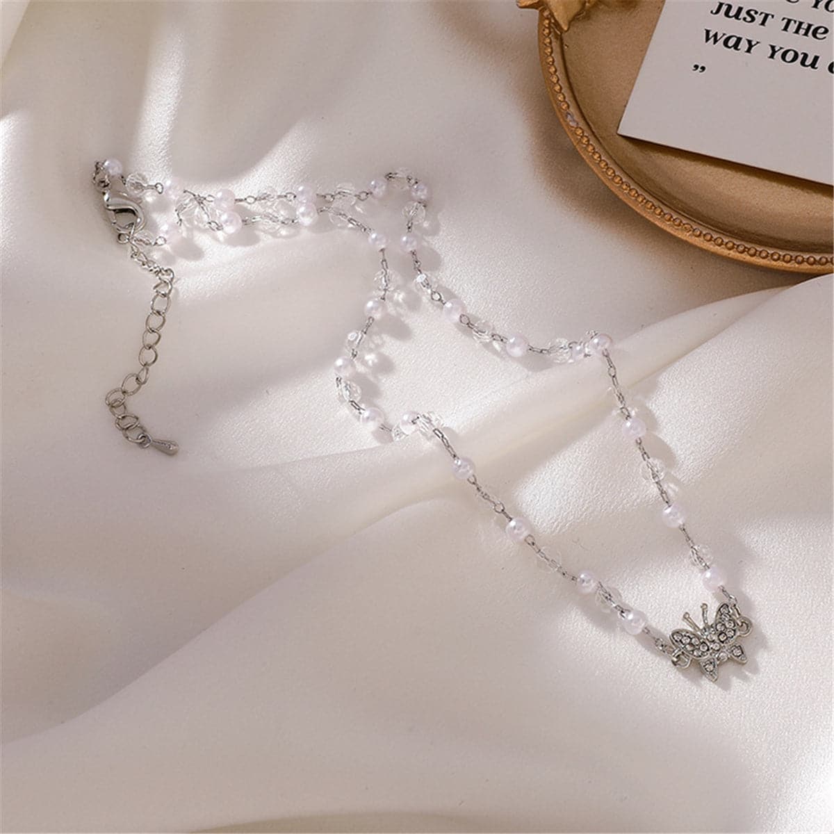 Cubic Zirconia & Pearl  Silver-Plated Butterfly Station Pendant Necklace