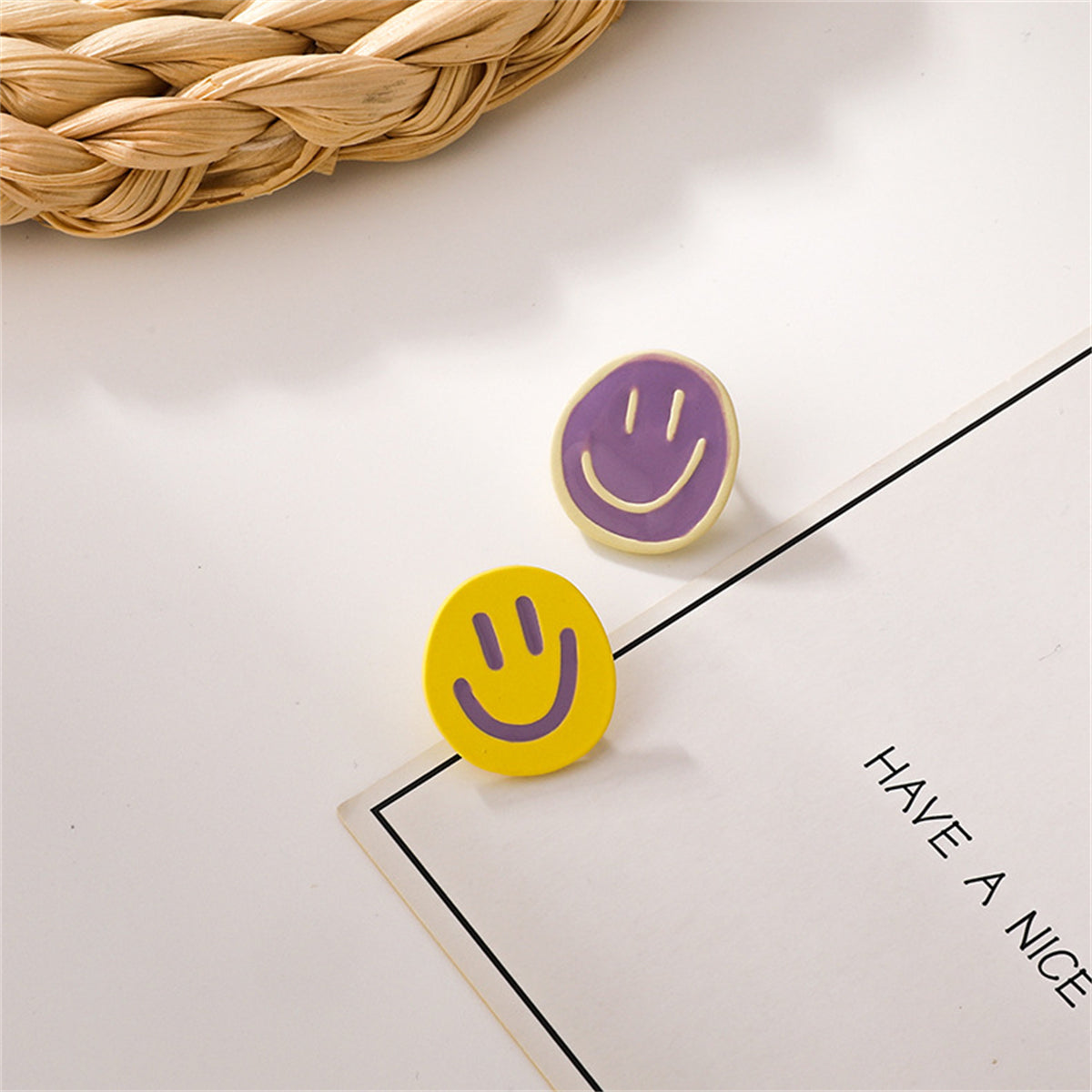 Purple and Yellow Smiley Stud Earrings, stud earrings for women, elegant gift for her, front view
