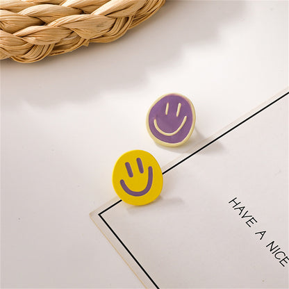 Purple and Yellow Smiley Stud Earrings, stud earrings for women, elegant gift for her, front view