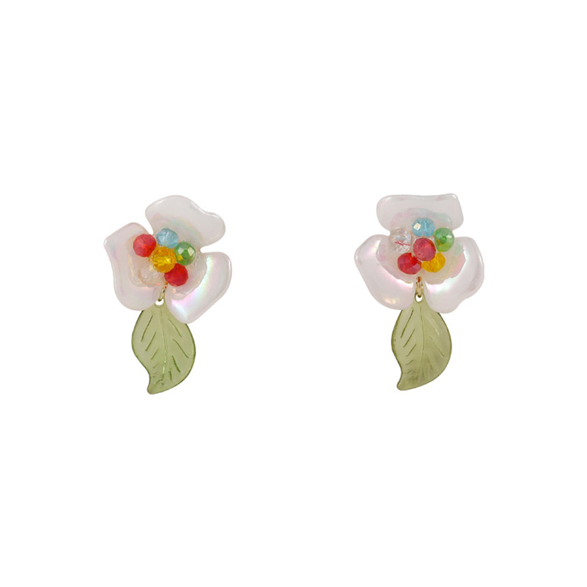 Iridescent White and Olive Floral Drop Earrings, drop earrings for women, botanical inspired, lifestyle look