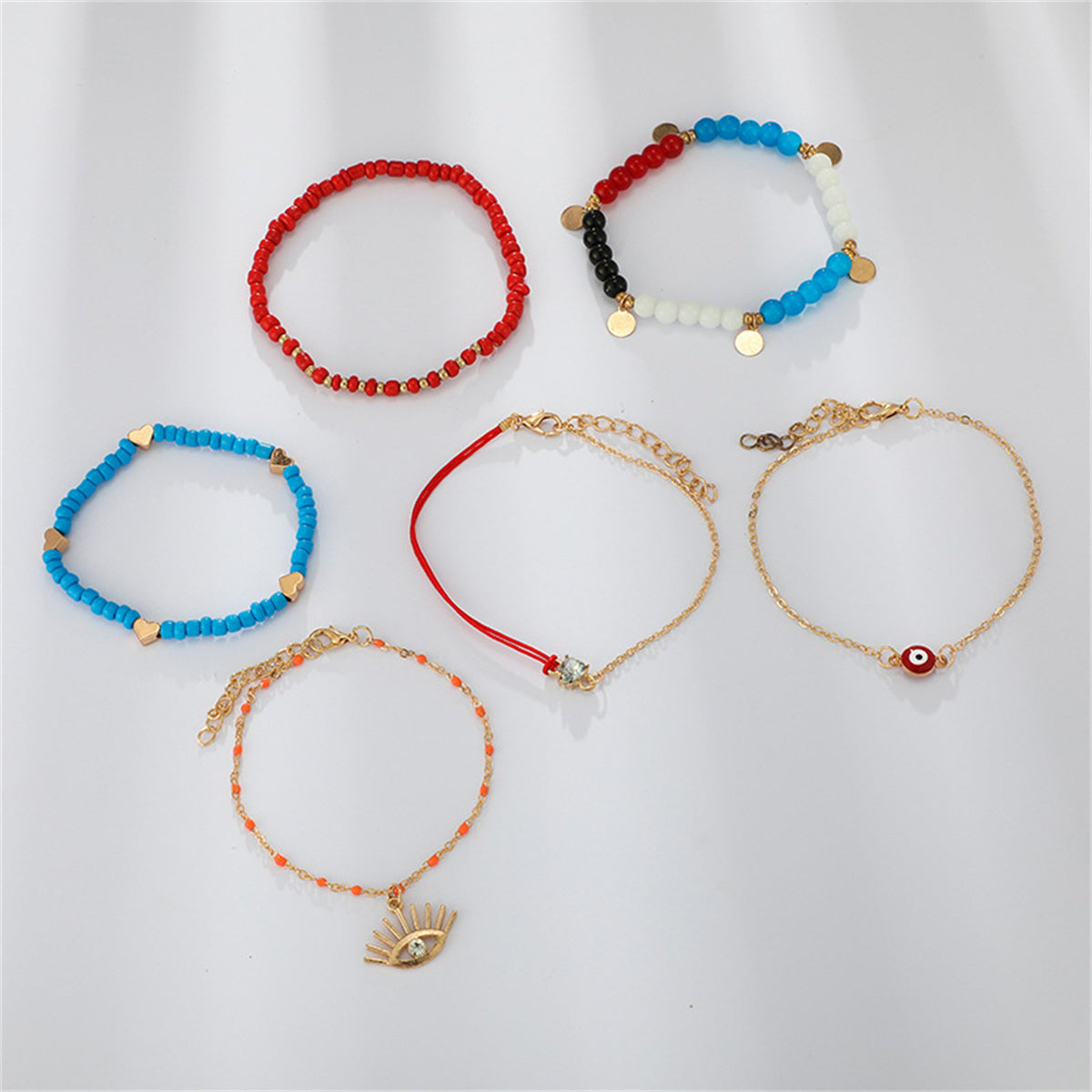 Red & Blue Beaded Evil Eye Anklet Set