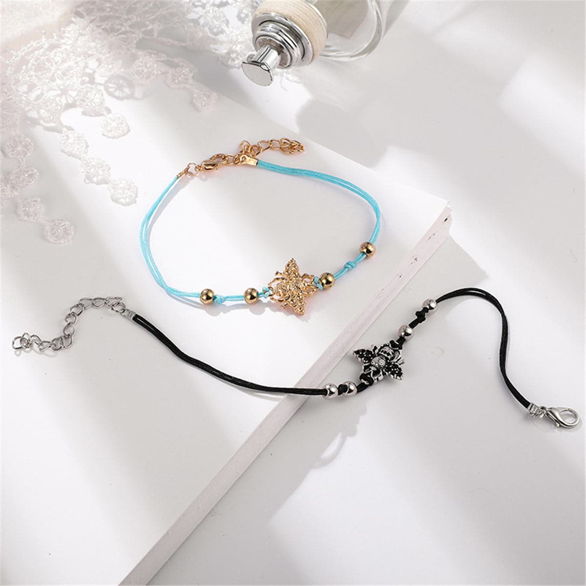 Blue & Navy Bee Charm Anklet Set
