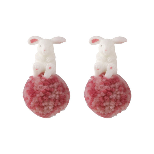 White and Pink Wool Pom-Pom Rabbit Drop Earrings, drop earrings for women, botanical inspired, front view