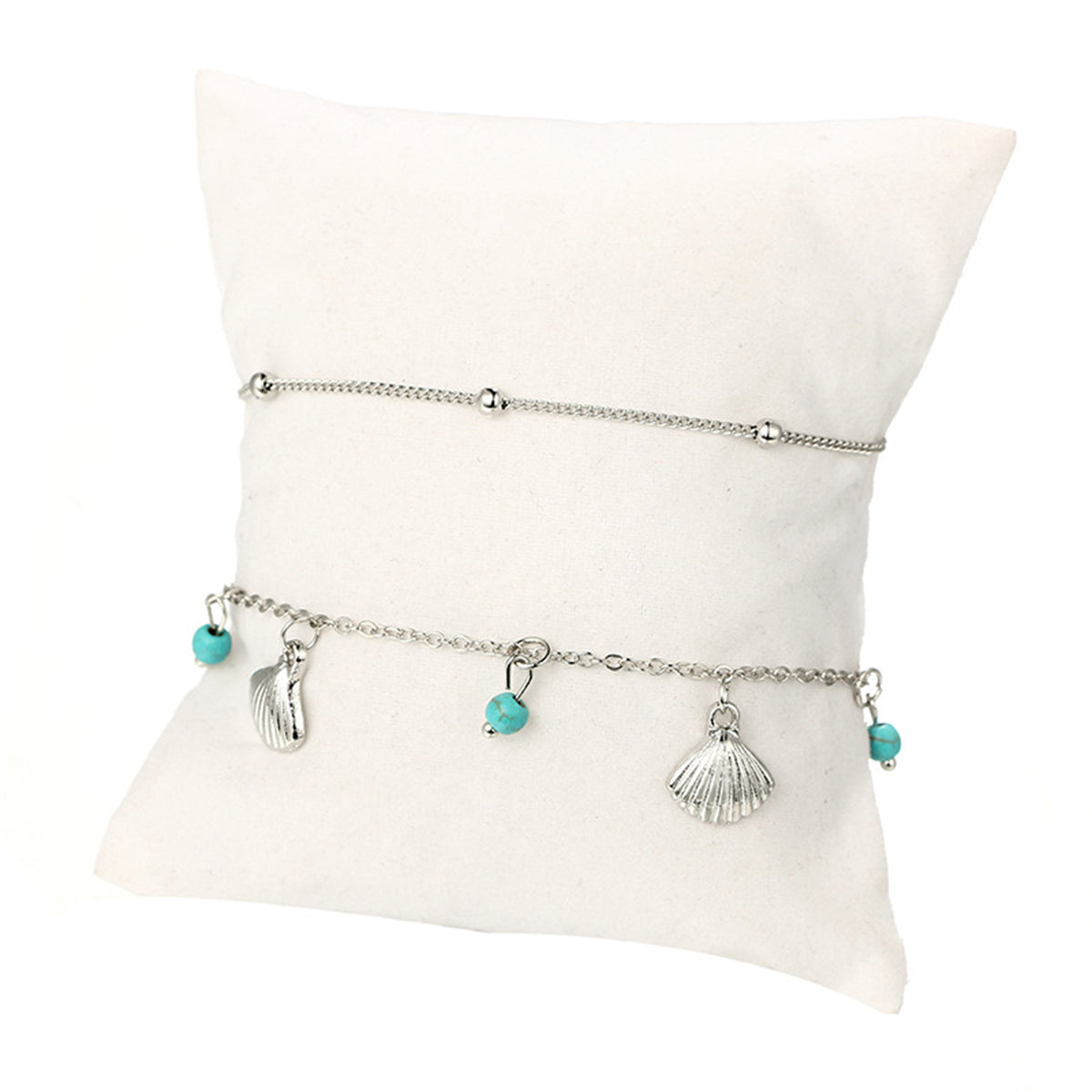 Turquoise & Silver-Plated Shell Station Anklet Set
