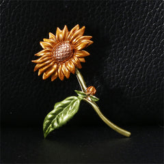 Green Enamel & 18K Gold-Plated Sunflower Brooch